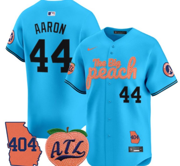 Hank Aaron Jersey 44 Atlanta Braves 404 The Big Peach Premier Limited Stitched Light Blue