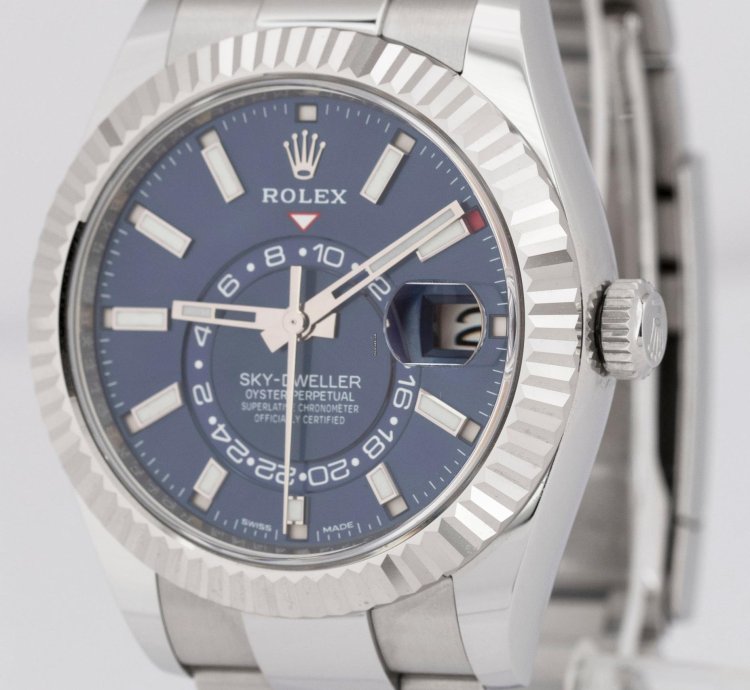 Rolex Sky-dweller New Papers Rolex Sky-dweller Blue 18k Fluted 42mm Steel Watch Oyster 326934 Box