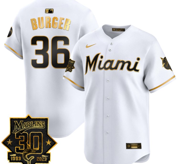 Jake Burger Jersey 36 Miami Marlins 30 Seasons Anniversary Patch Vapor Limited Stitched White Gold
