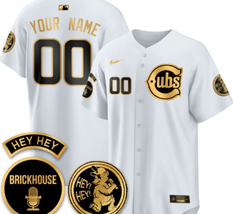 Custom Chicago Cubs Jersey Jack Brickhouse Hey Hey Patch Limited Stitched White Gold