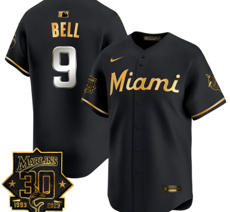 Josh Bell Jersey 9 Miami Marlins 30 Seasons Anniversary Patch Limited Stitched Black Gold