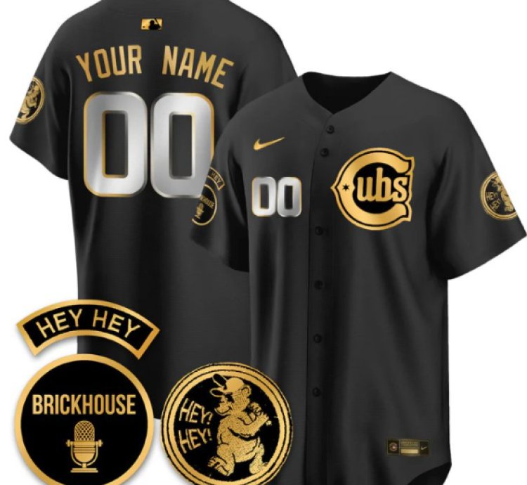 Custom Chicago Cubs Jersey Jack Brickhouse Hey Hey Patch Limited Stitched Black Gold