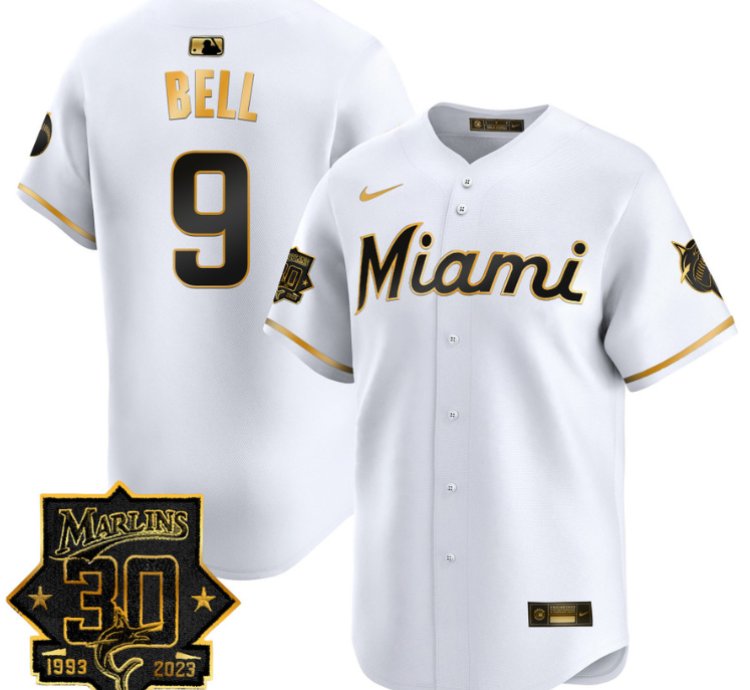 Josh Bell Jersey 9 Miami Marlins 30 Seasons Anniversary Patch Limited Stitched White Gold