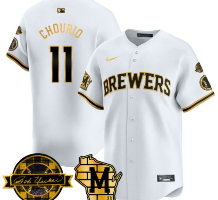 Jackson Chourio Jersey 11 Milwaukee Brewers 2025 Limited Bob Uecker Patch Stitched White Gold