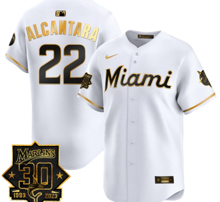 Sandy Alcantara Jersey 22 Miami Marlins 30 Seasons Anniversary Patch Limited Stitched White Gold