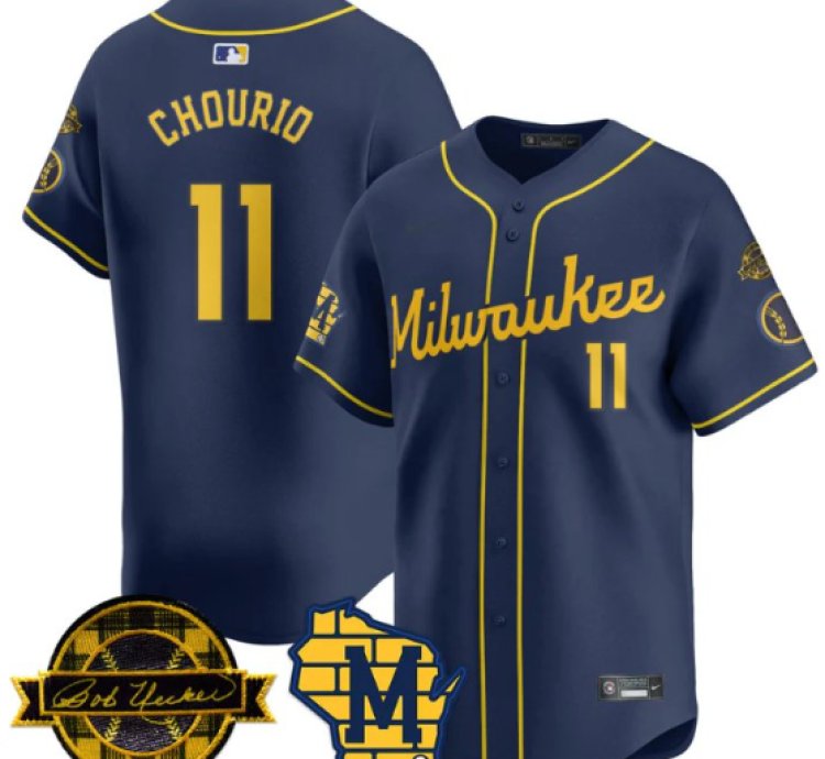Jackson Chourio Jersey 11 Milwaukee Brewers 2025 Limited Bob Uecker Patch Stitched Navy