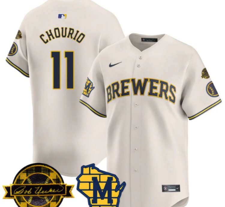 Jackson Chourio Jersey 11 Milwaukee Brewers 2025 Limited Bob Uecker Patch Stitched Cream