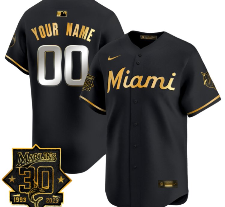 Custom Miami Marlins Jersey 30 Seasons Anniversary Patch Vapor Premier Limited Stitched Black Gold