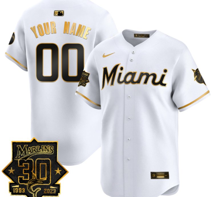 Custom Miami Marlins Jersey 30 Seasons Anniversary Patch Vapor Premier Limited Stitched White Gold