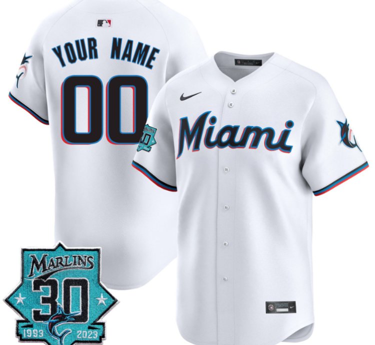Custom Miami Marlins Jersey 30 Seasons Anniversary Patch Vapor Premier Limited Stitched White