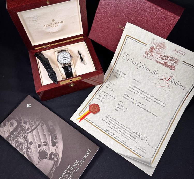 Patek Philippe Perpetual Calendar Retrograde Moonphase 18k White Gold Vintage 1990s Box Papers