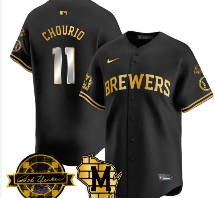 Jackson Chourio Jersey 11 Milwaukee Brewers 2025 Limited Bob Uecker Patch Stitched Black Gold