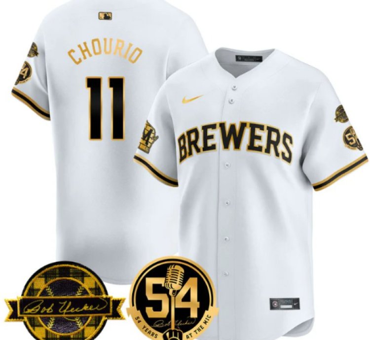 Jackson Chourio Jersey 11 Milwaukee Brewers 2025 Bob Uecker 54 Seasons White Gold