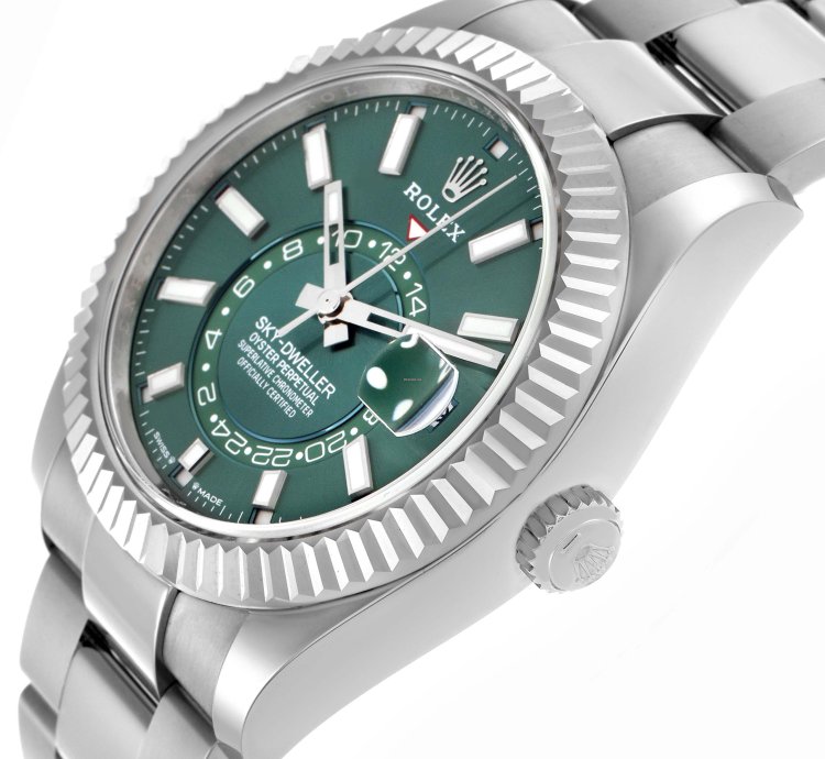 Rolex Sky-dweller Steel White Gold Green Dial Mens Watch 336934 Unworn