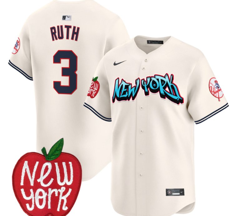Babe Ruth Jersey 3 New York Yankees Apple Patch Vapor Premier Limited Stitched Cream