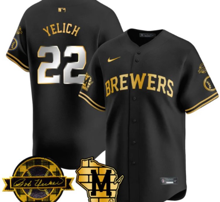 Christian Yelich Jersey 22 Milwaukee Brewers 2025 Limited Bob Uecker Patch Stitched Black Gold