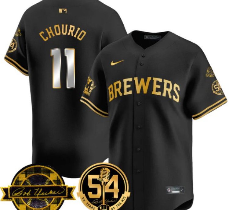 Jackson Chourio Jersey 11 Milwaukee Brewers 2025 Bob Uecker Black Gold