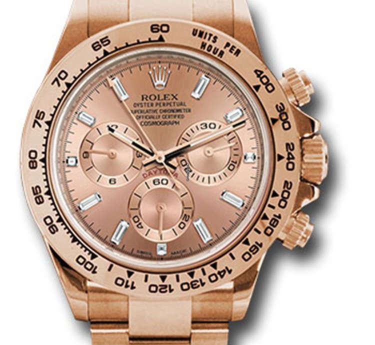 Rolex Daytona Unworn Cosmograph Daytona 116505 Pink Sundust Baguette Dial 18k Rose Gold Oyster 40mm