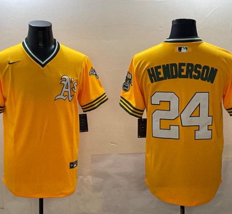 Oakland Athletics Rickey Henderson Yellow Throwback Jersey