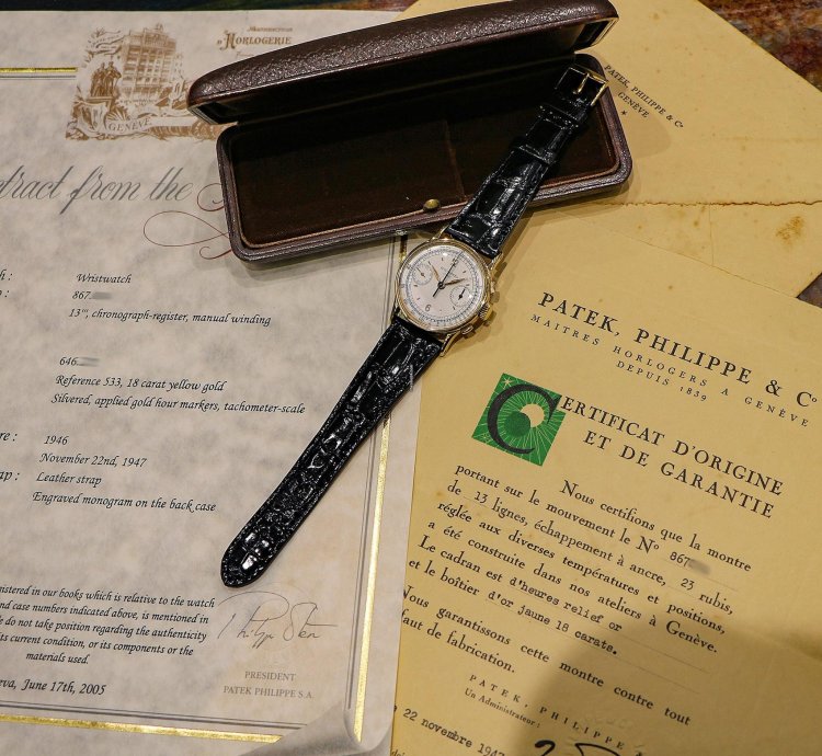 Patek Philippe Vintage Chronograph Ref 533 18kt Yellow Gold Full Set 1947