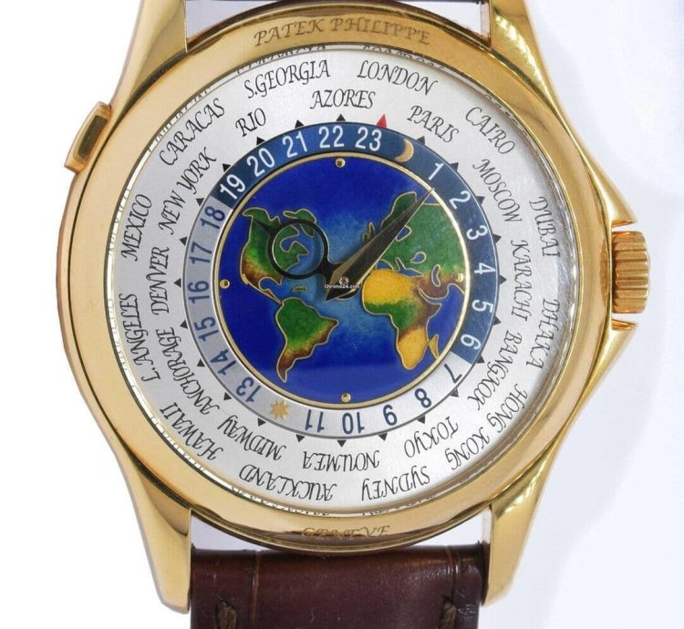 Patek Philippe World Time 18k Yellow Gold Enamel Dial Box Papers 5131j