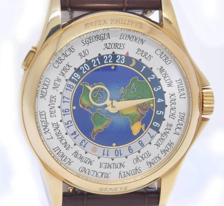 Patek Philippe World Time 18k Yellow Gold Enamel Dial Box Papers 5131j