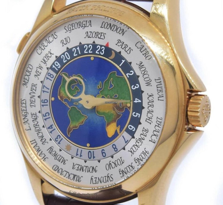Patek Philippe World Time 18k Yellow Gold Enamel Dial Box Papers 5131j