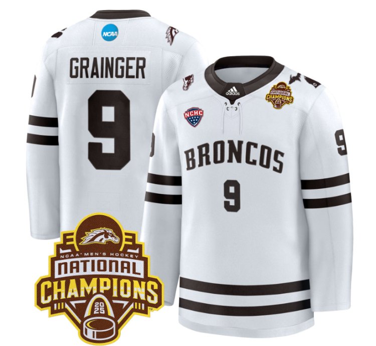 Luke Grainger Jersey 9 Western Michigan Broncos 2025 National Champions Patch Stitched White