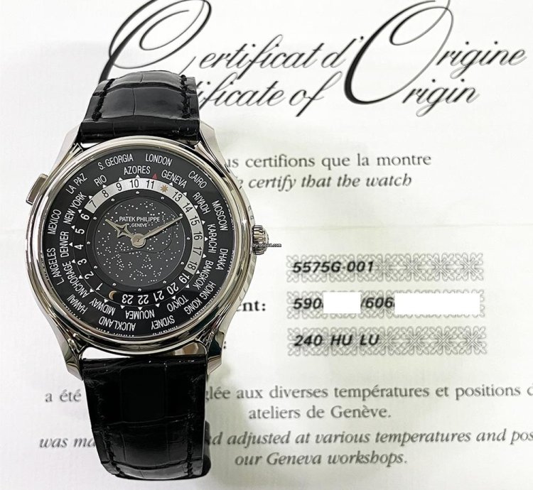 Patek Philippe World Time 5575g-001 White Gold With Black Leather Watch Black Dial 2015
