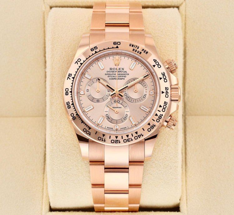 Rolex Daytona Unworn Full Set 116505 Rose Gold Sundust Baguette Dial