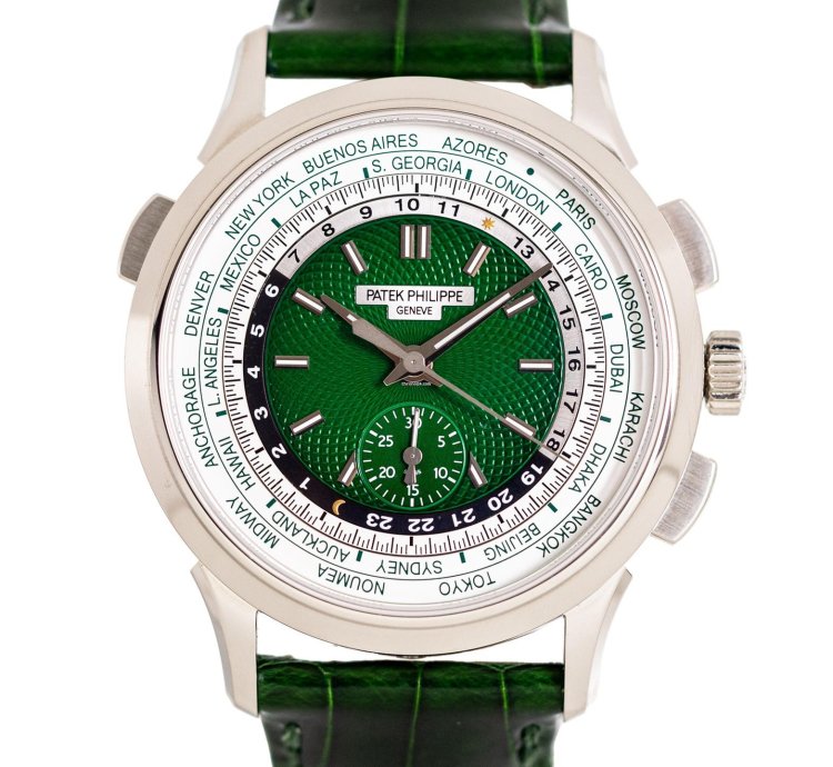 Patek Philippe World Time Chronograph Ref 5930p-001 950 Platinum Green Dial Box Papers Bj-2022 Excellent Eu