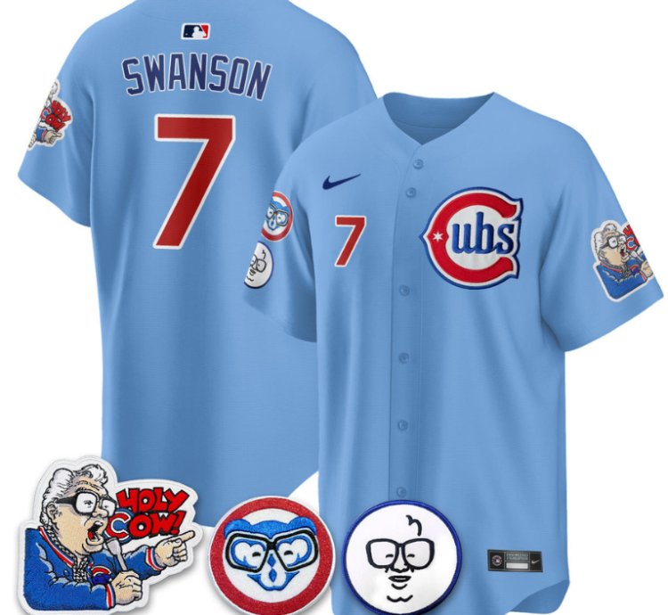 Dansby Swanson Jersey 7 Chicago Cubs Harry Caray Holy Cow Patch Premier Limited Stitched Blue