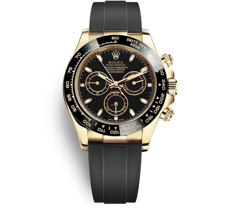 Rolex Daytona Yellow Gold Daytona 40 Watch - Black Index Dial - Black Oysterflex Strap 116518ln