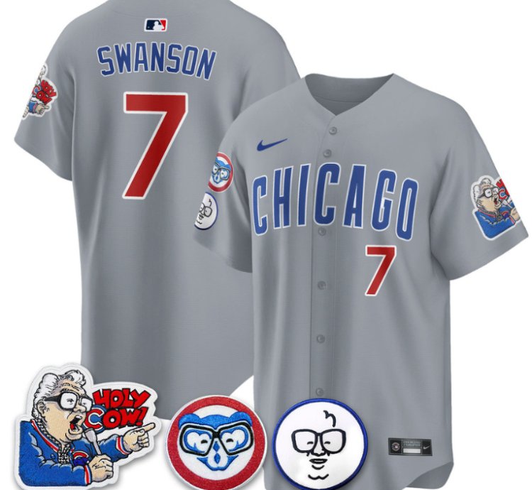 Dansby Swanson Jersey 7 Chicago Cubs Harry Caray Holy Cow Patch Premier Limited Stitched Gray