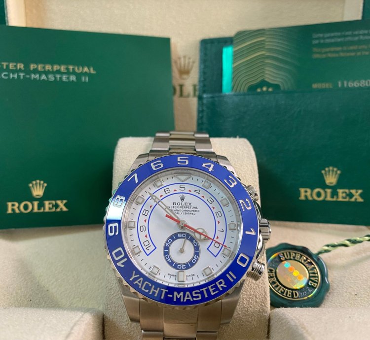 Rolex Yacht-master Ii New 2023 Unworn Yacht-master Ii Steel White Dial Blue Bezel 116680 Complete Set