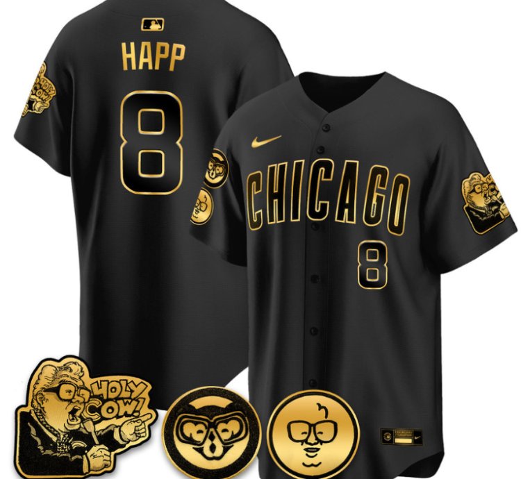 Ian Happ Jersey 8 Chicago Cubs Harry Caray Holy Cow Patch Premier Limited Stitched Black Gold