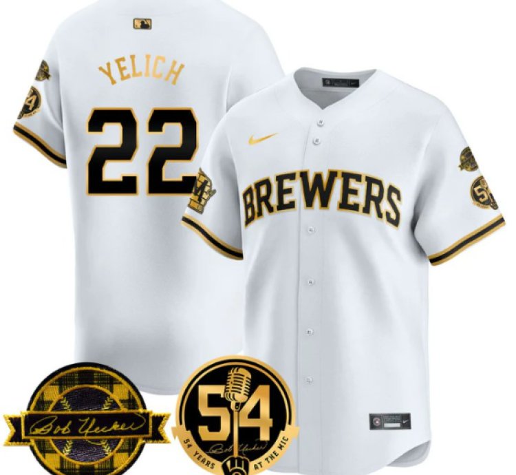 Christian Yelich Jersey 22 Milwaukee Brewers 2025 Bob Uecker 54 Seasons White Gold