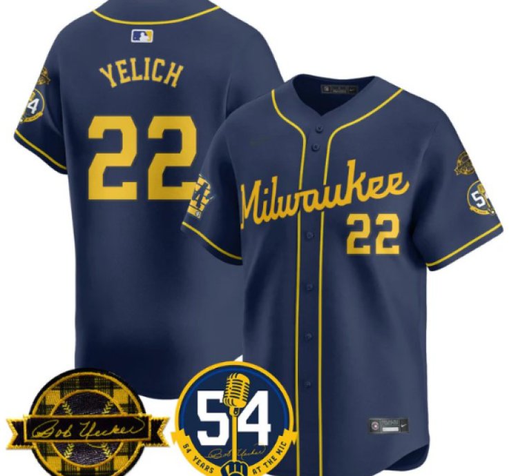 Christian Yelich Jersey 22 Milwaukee Brewers 2025 Bob Uecker 54 Seasons Navy