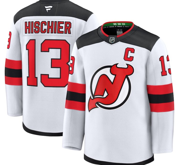 New Jersey Devils 13 Nico Hischier Away Premium Jersey White