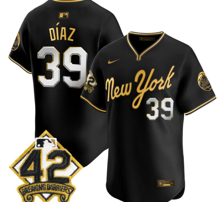 Edwin Díaz Jersey 39 New York Mets 2025 Jackie Robinson Patch Road Alternate Stitched Black Gold
