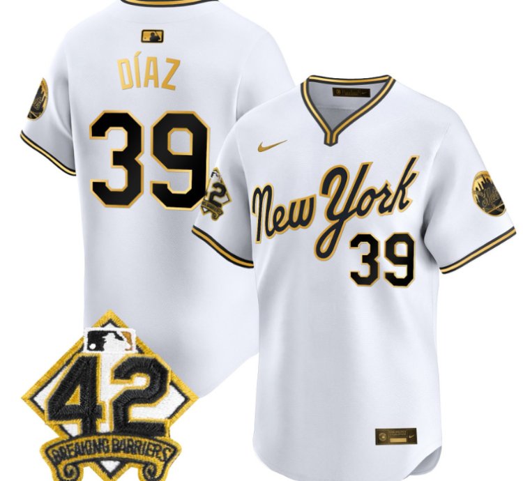 Edwin Díaz Jersey 39 New York Mets 2025 Jackie Robinson Patch Road Alternate Stitched White Gold