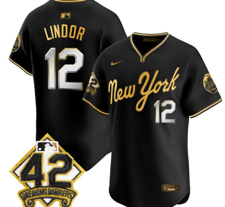 Francisco Lindor Jersey 12 New York Mets 2025 Jackie Robinson Patch Alternate Stitched Black Gold