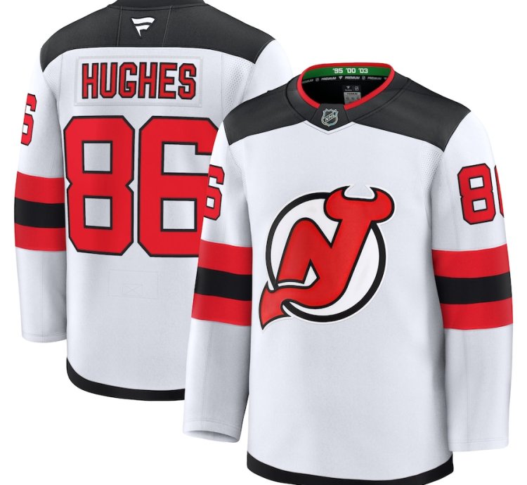 New Jersey Devils 86 Jack Hughes Away Premium Jersey White