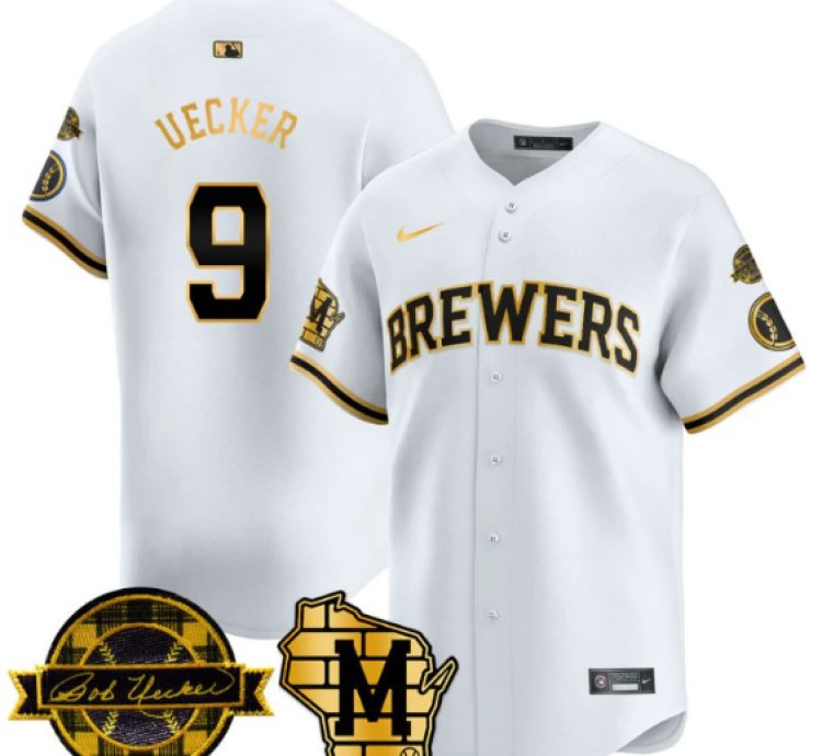 Bob Uecker Jersey 9 Milwaukee Brewers 2025 Limited Bob Uecker Patch Stitched White Gold