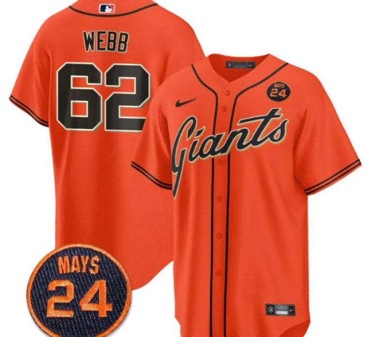 Logan Webb Jersey 62 San Francisco Giants 24 Willie Mays Patch 2024 Vapor Premier Orange