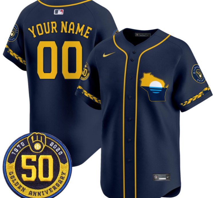 Custom Milwaukee Brewers Jersey Golden 50th Anniversary Patch Premier Limited Stitched Navy