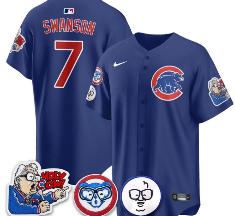 Dansby Swanson Jersey 7 Chicago Cubs Harry Caray Holy Cow Patch Premier Limited Stitched Royal