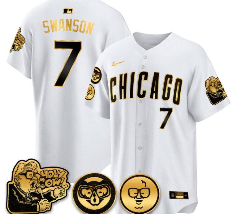 Dansby Swanson Jersey 7 Chicago Cubs Harry Caray Holy Cow Patch Premier Limited Stitched White Gold