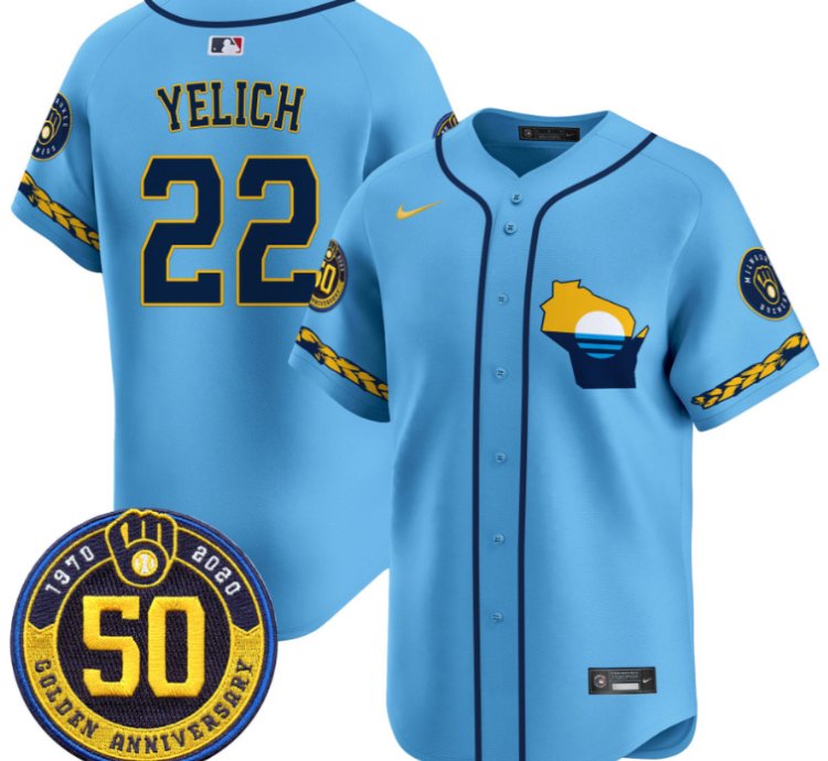 Christian Yelich Jersey 22 Milwaukee Brewers Golden 50th Anniversary Patch Stitched Blue
