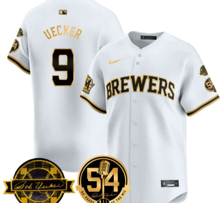 Bob Uecker Jersey 9 Milwaukee Brewers 2025 Bob Uecker 54 Seasons For Brewers Stitched White Gold